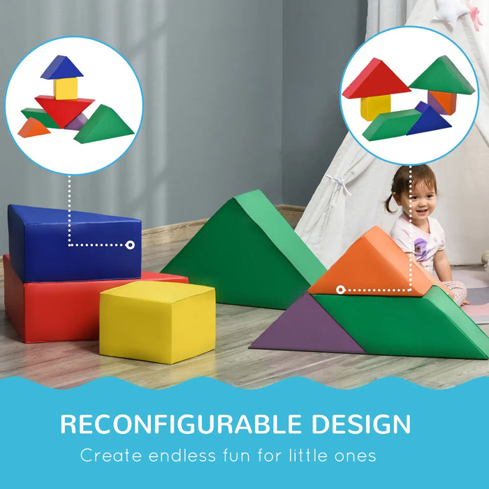 Kids soft play set with 7 colorful geometric foam blocks and a smiling child indoors