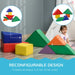 Kids soft play set with 7 colorful geometric foam blocks and a smiling child indoors