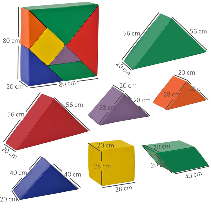 Kids' 7-piece colorful geometric soft play foam block set with size measurements shown.