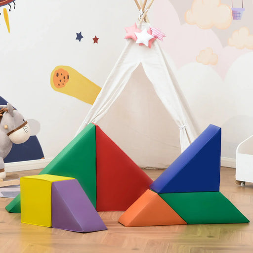 Kids soft play set with colorful geometric foam puzzle blocks in a playroom with teepee tent