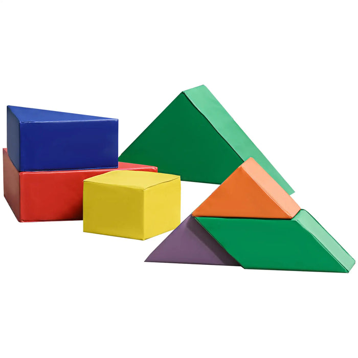 Kids 7-piece soft play set with colorful geometric foam shapes on white background