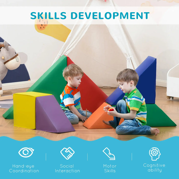 Kids playing with colorful geometric foam soft play set indoors for skills development