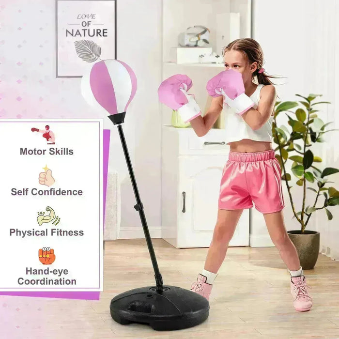 Kids Standing Punching Bag with Stand and Gloves in Pink and White - Little and Giant Explorers Costway