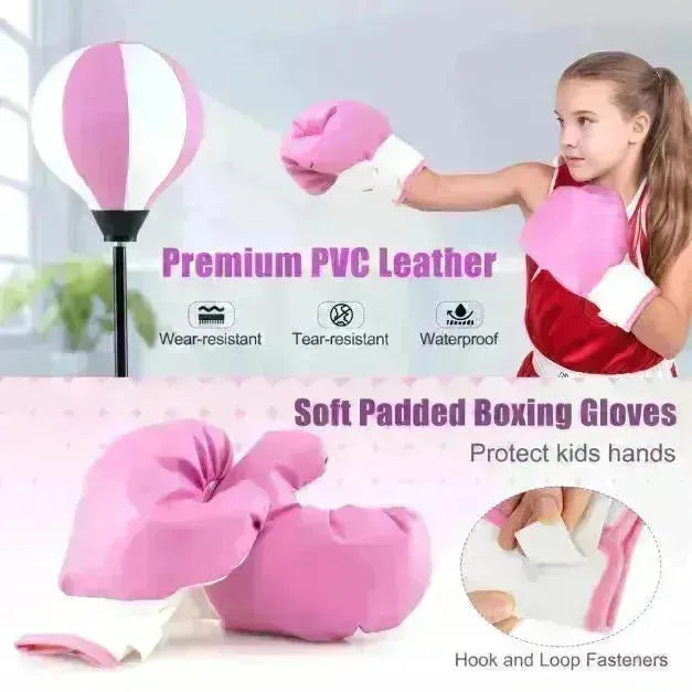 Kids Standing Punching Bag with Stand and Gloves in Pink and White - Little and Giant Explorers Costway