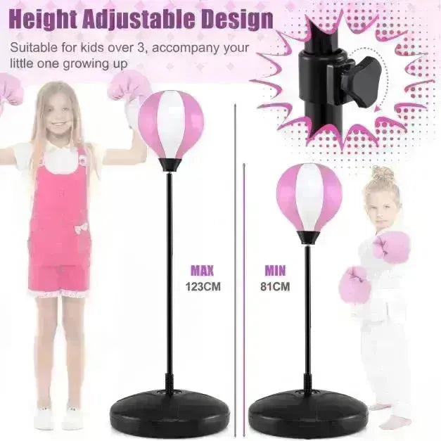 Kids Standing Punching Bag with Stand and Gloves in Pink and White - Little and Giant Explorers Costway