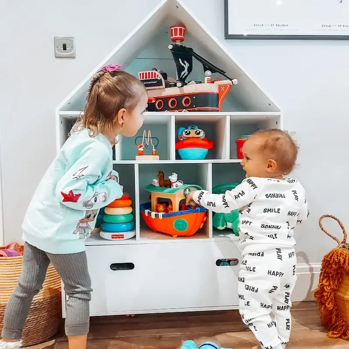 Kids Storage Unit | White House-Shaped Bookcase with 8 Shelves and Drawer HOMCOM - Little and Giant Explorers HOMCOM