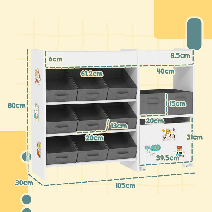 Kids Storage Unit | White and Grey with 11 Fabric Bins - Little and Giant Explorers AIYAPLAY
