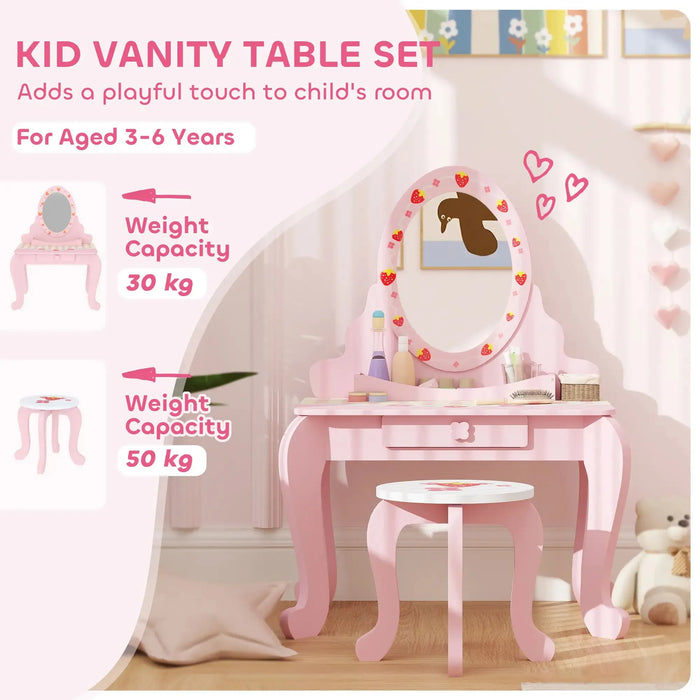 Kids Strawberry Theme Vanity Table with Stool and Mirror - Little and Giant Explorers AIYAPLAY