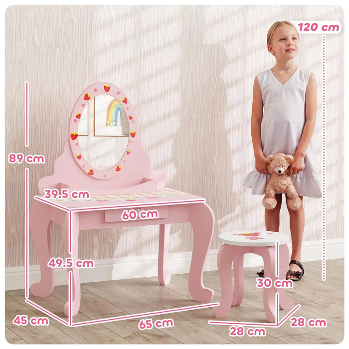 Kids Strawberry Theme Vanity Table with Stool and Mirror - Little and Giant Explorers AIYAPLAY