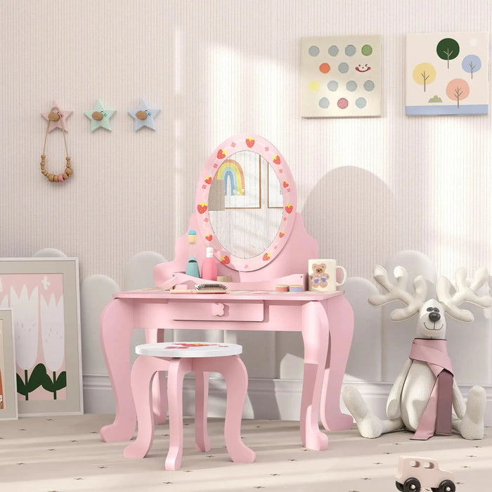 Kids Strawberry Theme Vanity Table with Stool and Mirror - Little and Giant Explorers AIYAPLAY