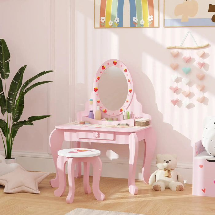 Kids Strawberry Theme Vanity Table with Stool and Mirror - Little and Giant Explorers AIYAPLAY