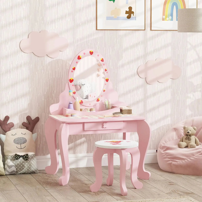 Kids Strawberry Theme Vanity Table with Stool and Mirror - Little and Giant Explorers AIYAPLAY