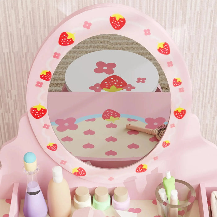 Kids Strawberry Theme Vanity Table with Stool and Mirror - Little and Giant Explorers AIYAPLAY