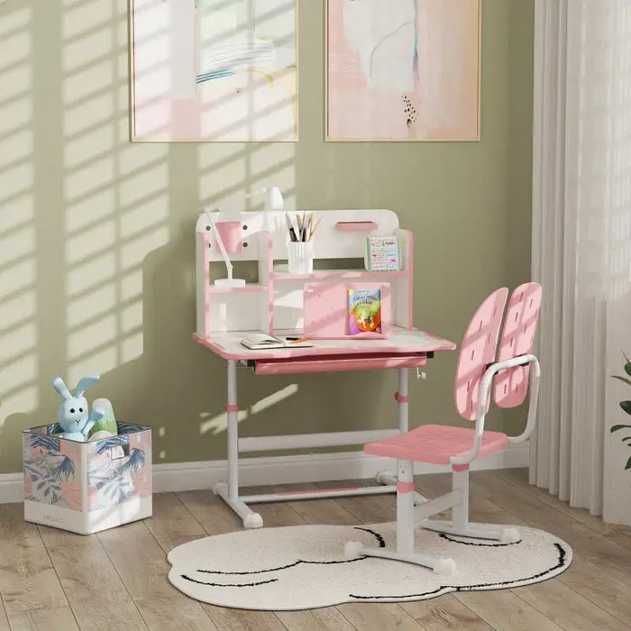 Kids Study Desk and Chair Set – Pink and White | Height Adjustable - Tiltable Tabletop 0–45° AIYAPLAY - Little and Giant Explorers AIYAPLAY