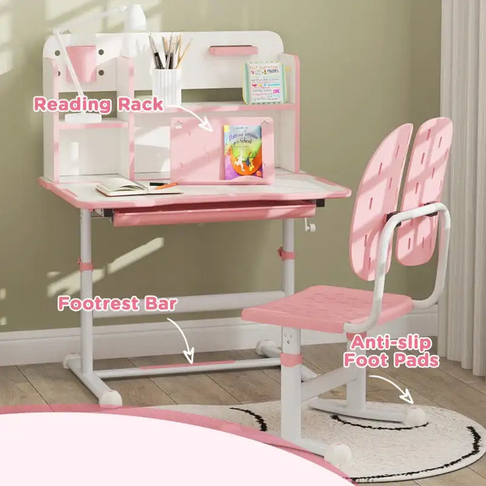 Kids Study Desk and Chair Set – Pink and White | Height Adjustable - Tiltable Tabletop 0–45° AIYAPLAY - Little and Giant Explorers AIYAPLAY