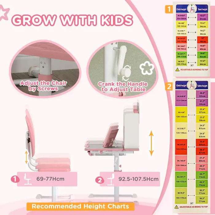 Kids Study Desk and Chair Set – Pink and White | Height Adjustable - Tiltable Tabletop 0–45° AIYAPLAY - Little and Giant Explorers AIYAPLAY