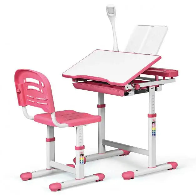 Kids Study Desk and Chair Set - Pink | Adjustable Height, Lamp and Storage COSTWAY - Little and Giant Explorers Costway