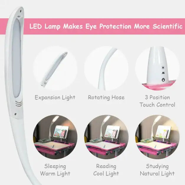 Kids Study Desk and Chair Set - Pink | Adjustable Height, Lamp and Storage COSTWAY - Little and Giant Explorers Costway