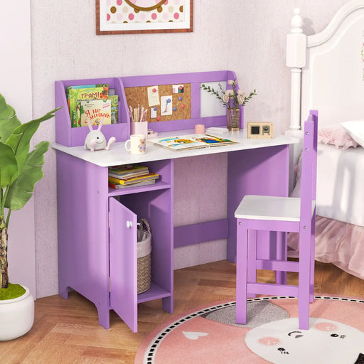 Kids Study Desk and Chair Set – Purple and White | Wooden Desk with Bulletin Board COSTWAY - Little and Giant Explorers