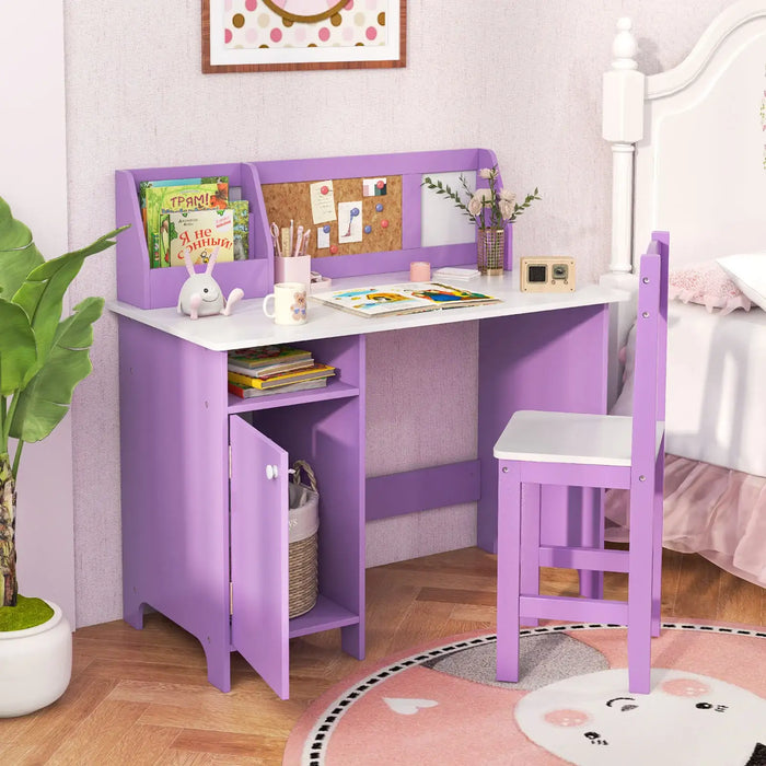 Kids Study Desk and Chair Set – Purple and White | Wooden Desk with Bulletin Board COSTWAY - Little and Giant Explorers