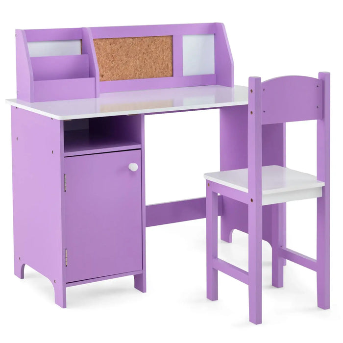 Kids Study Desk and Chair Set – Purple and White | Wooden Desk with Bulletin Board COSTWAY - Little and Giant Explorers
