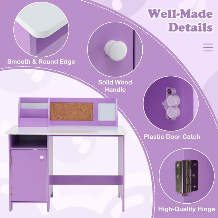 Kids Study Desk and Chair Set – Purple and White | Wooden Desk with Bulletin Board COSTWAY - Little and Giant Explorers
