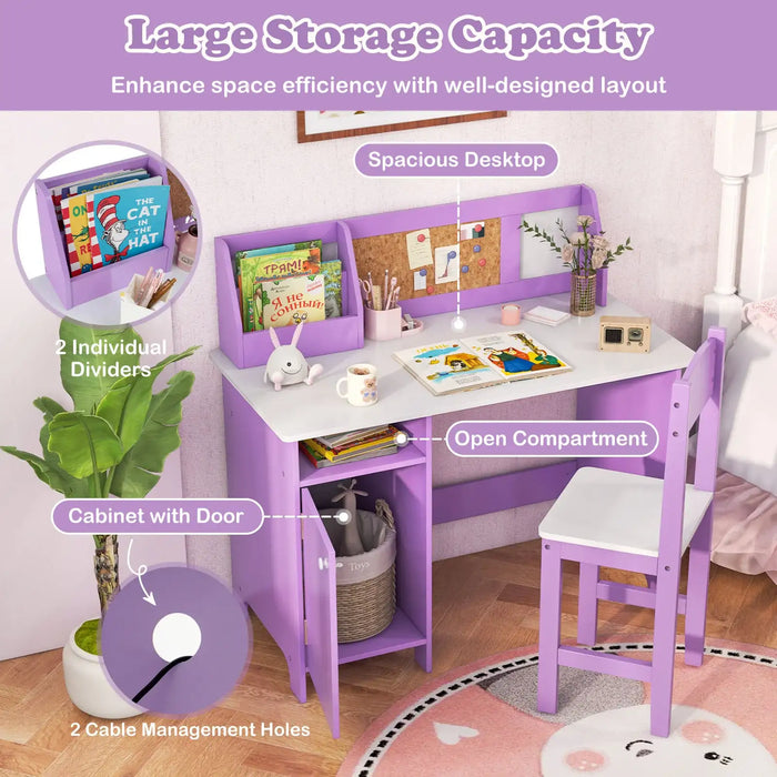 Kids Study Desk and Chair Set – Purple and White | Wooden Desk with Bulletin Board COSTWAY - Little and Giant Explorers