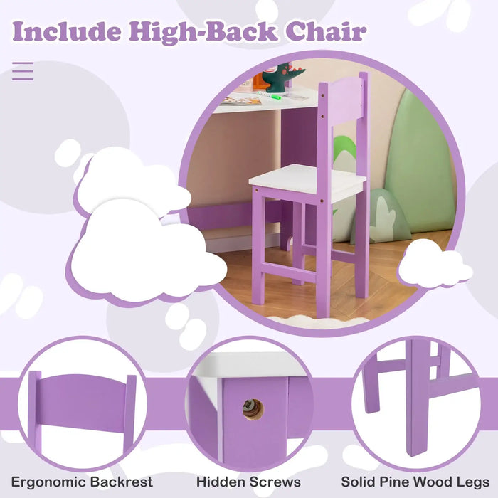 Kids Study Desk and Chair Set – Purple and White | Wooden Desk with Bulletin Board COSTWAY - Little and Giant Explorers