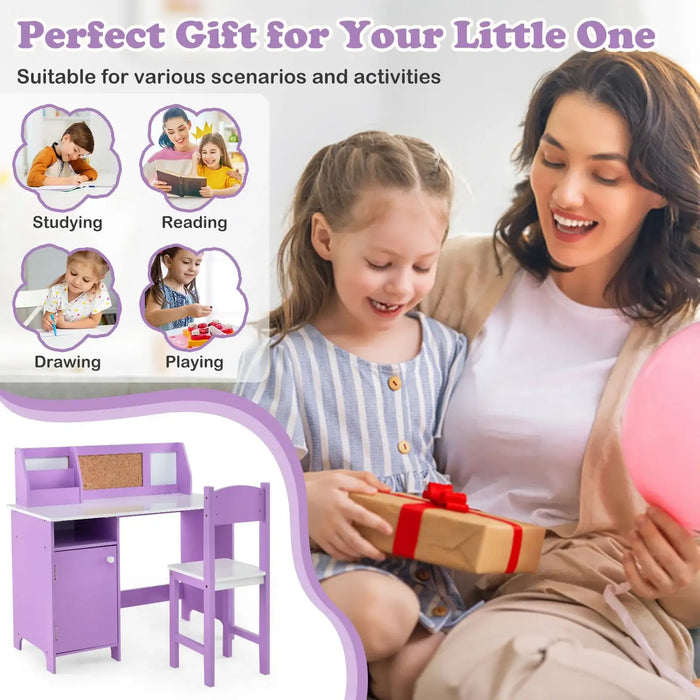 Kids Study Desk and Chair Set – Purple and White | Wooden Desk with Bulletin Board COSTWAY - Little and Giant Explorers