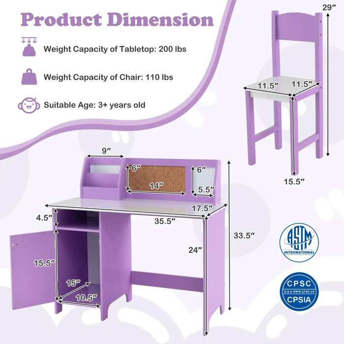 Kids Study Desk and Chair Set – Purple and White | Wooden Desk with Bulletin Board COSTWAY - Little and Giant Explorers