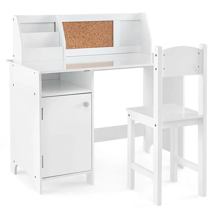 Kids Study Desk and Chair Set - White | Cabinet, Bulletin Board and Storage COSTWAY - Little and Giant Explorers Costway