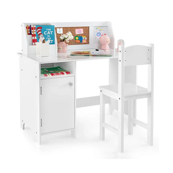Kids Study Desk and Chair Set - White | Cabinet, Bulletin Board and Storage COSTWAY - Little and Giant Explorers Costway