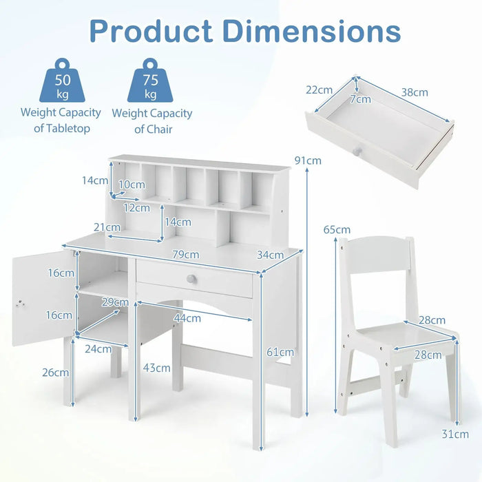 Kids Study Table and Chair Set – White | Storage Cabinet, Drawer and Hutch COSTWAY - Little and Giant Explorers Costway