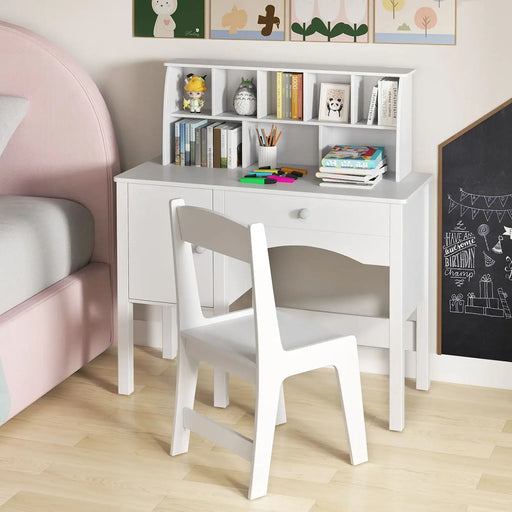 Kids Study Table and Chair Set – White | Storage Cabinet, Drawer and Hutch COSTWAY - Little and Giant Explorers Costway