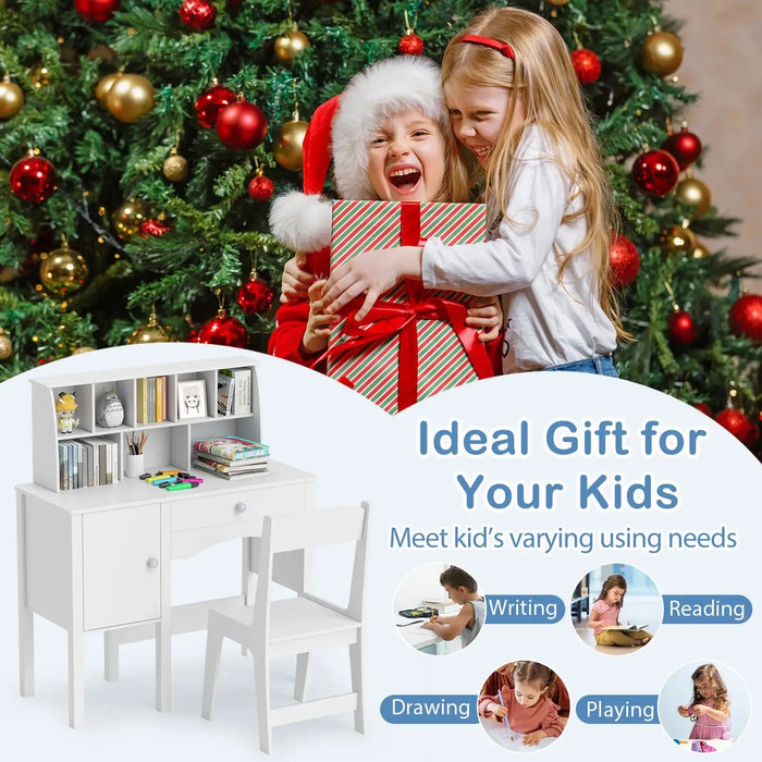 Kids Study Table and Chair Set – White | Storage Cabinet, Drawer and Hutch COSTWAY - Little and Giant Explorers Costway