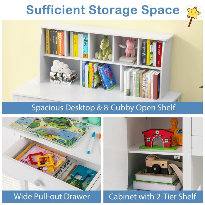 Kids Study Table and Chair Set – White | Storage Cabinet, Drawer and Hutch COSTWAY - Little and Giant Explorers Costway