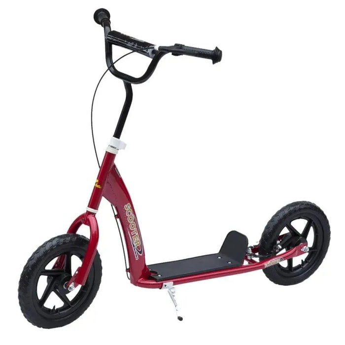 Red kids stunt scooter with wide foot deck, 12-inch EVA tyres, and rear brake