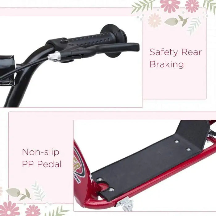 Red kids stunt scooter with safety rear brake handle and non-slip PP foot pedal close-up