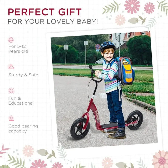 Smiling child riding red kids stunt scooter with wide deck, helmet, and backpack outdoors