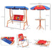 Kids outdoor swing chair and garden table set with cowboy design, canopy, orange frame, and dimensions shown.