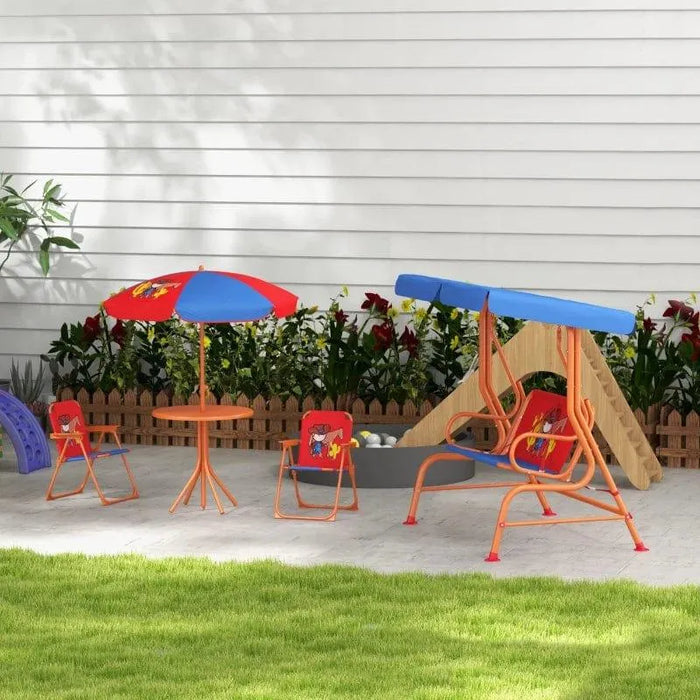 Kids swing chair and garden table set with cowboy design and adjustable canopy in backyard