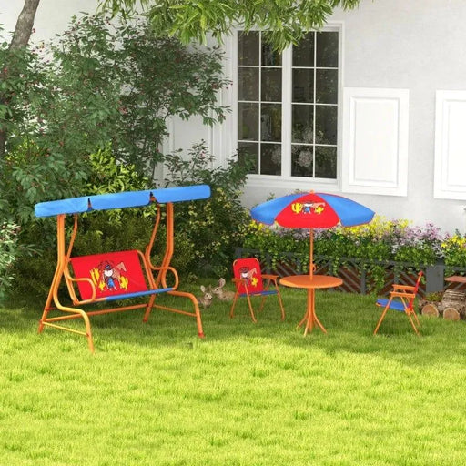 Kids swing chair and garden table set with cowboy design and blue canopy in backyard