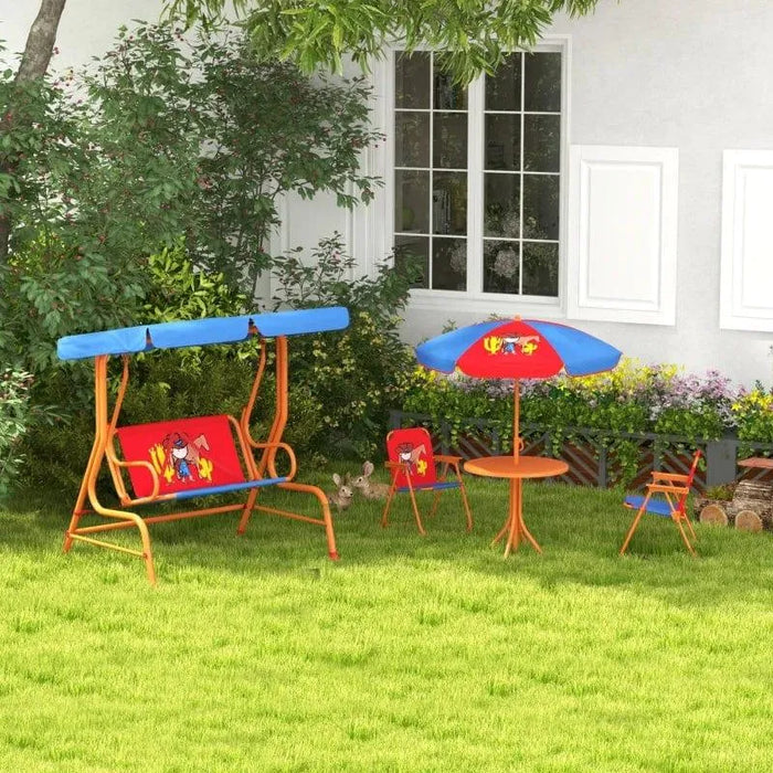 Kids swing chair and garden table set with cowboy design and blue canopy in backyard