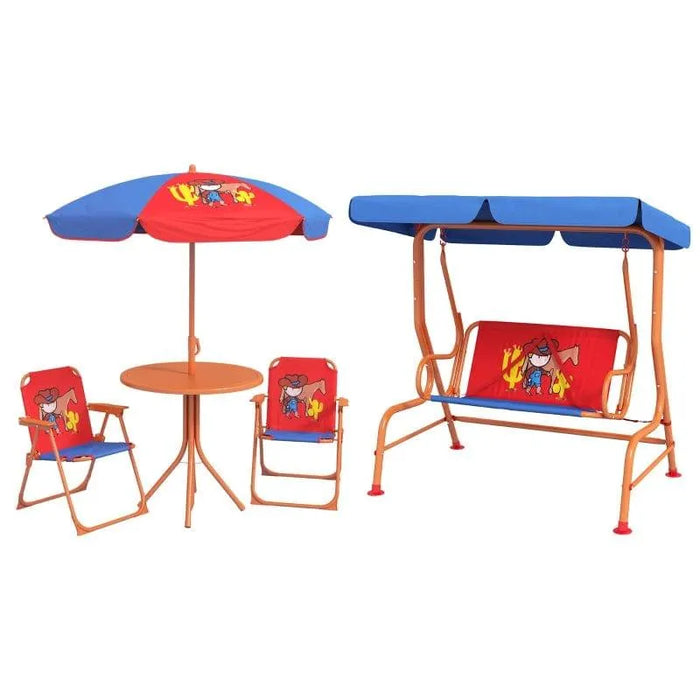 Kids garden swing chair and table set with cowboy design, adjustable blue and red canopy