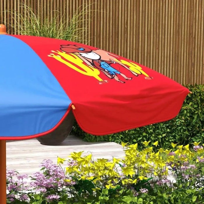 Kids outdoor swing chair canopy with cowboy design, garden setting, colorful umbrella