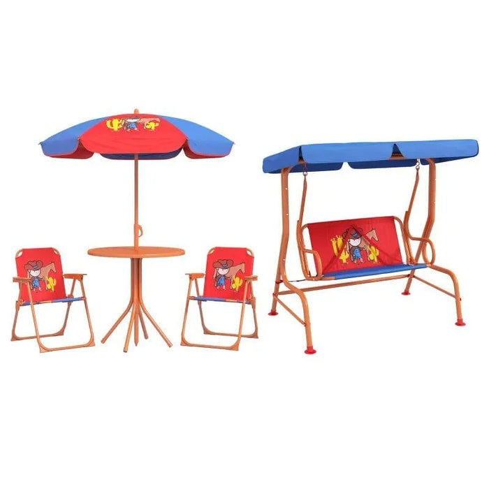 Kids swing chair and garden table set with cowboy design, adjustable canopy, and two chairs
