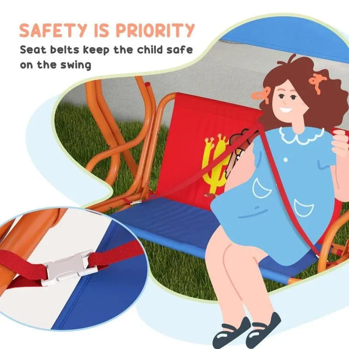 Kids swing chair with cowboy design, seat belt safety, blue canopy, garden setting