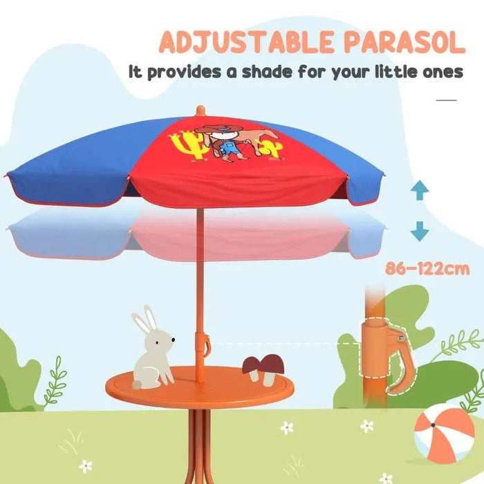 Kids cowboy design adjustable parasol garden table set, blue and red canopy, picnic table