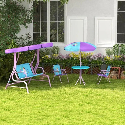 Kids purple and blue swing chair and garden table set with fairytale design on lawn
