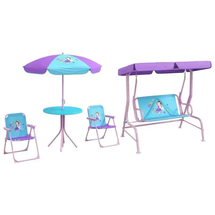 Kids purple and blue swing chair and garden table set with fairytale graphics and umbrella